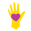 Graphic of a yellow hand with a Purple Heart in the palm