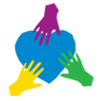 Graphic of blue heart with three hands in purple, yellow and green touching the heart